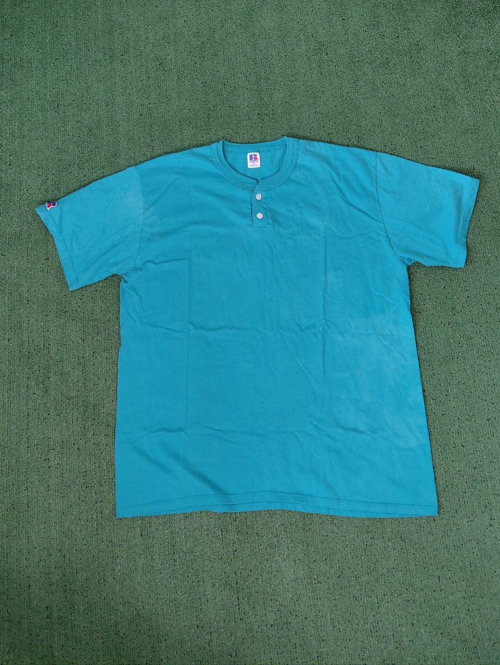 VINTAGE 1995 Russell Atheltic Turquoise 1/4 Button Up T Shirt Sz XXL